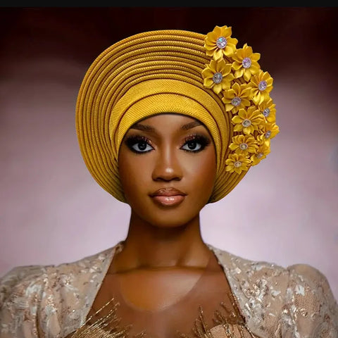 2024 African Auto Gele Headtie Turban with Flowers for Women Wedding Party