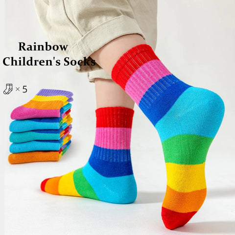 5 Pairs Rainbow Striped Cotton Socks - Spring Autumn Colors, Cute Sport Tube, Ages 1-12