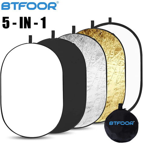 Collapsible 5-in-1 Oval Reflector 24"x35" for Photography – Portable Light Diffuser Multi-Color 60x90cm, 90x120cm, 100x150cm, 150x200cm