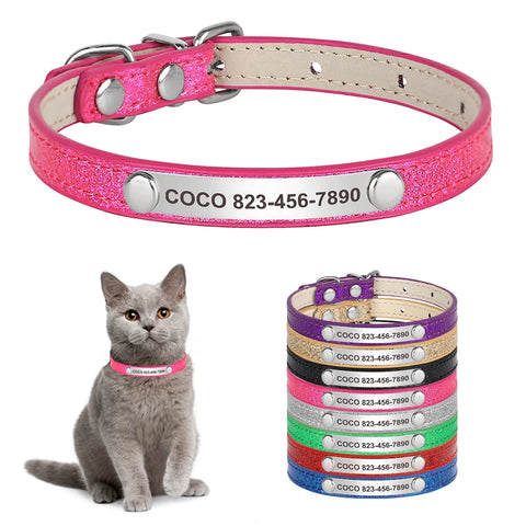 Engraved Leather Cat Collar with ID Tag - Small Pet Accessory