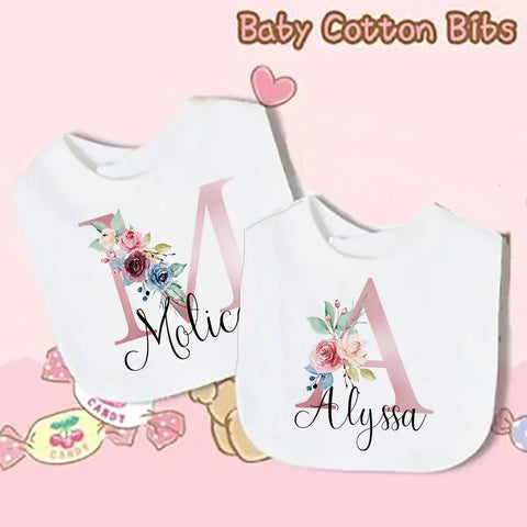 Custom Baby Bibs with Initial & Name Cotton Newborn Bib Flower Print Baptism Baby Shower Gift