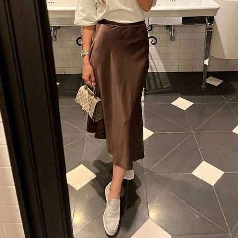 2024 Women's Summer Satin Midi Skirt, High Waist, Elegant Chic Office Wear, Korean Fashion Long Skirt