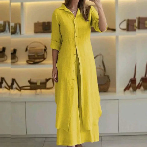 Casual Women’s 2-Piece Set: Long-Sleeve Top & High-Waist Straight Trousers - Cotton Linen Blend, Spring/Autumn Outfit