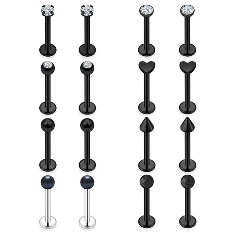 16G Stainless Steel Lip Studs Set: Medusa, Labret, Monroe, Tragus, Helix Earrings - Black Piercing Jewelry (1-16 Pcs)