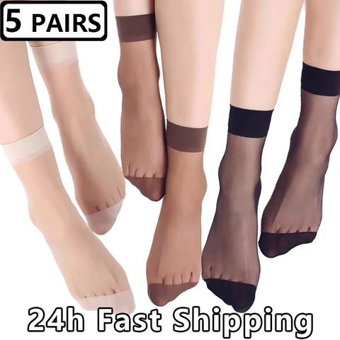 5 Pairs Women's Thin Silk Ankle Socks, Summer Transparent Elastic Black & Nude Short Socks