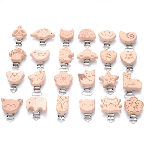 10pc Cartoon Animal Wooden Pacifier & Soother Clip Set for Baby Teether & DIY Dummy Chain Accessory