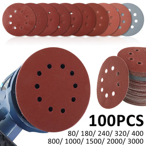 100pcs 5" 8-Hole Sandpaper 80-3000 Grit Mixed Self-Adhesive Sanding Discs Polishing Pads for Auto 125mm