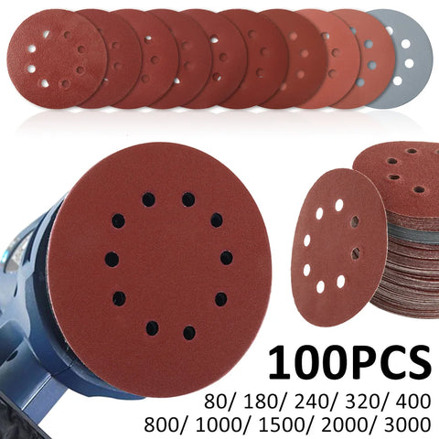 100pcs 5" 8-Hole Sandpaper 80-3000 Grit Mixed Self-Adhesive Sanding Discs Polishing Pads for Auto 125mm
