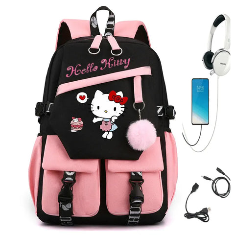 Cute Kids School Backpack for Students, Travel Bag for Teenagers, Mochila Escolar with Hello Kitty Design