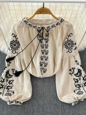 Boho Summer Blouse Lace-up O-neck Puff Sleeve Floral Embroidered Casual Women's Top