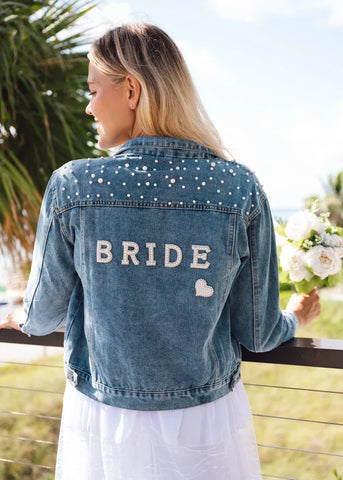 Custom Bridal Denim Jacket with Rhinestones & Pearls - Personalized Future Mrs/Wifey Wedding Coat