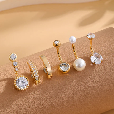 6pcs Fake Pearl Belly Button Rings Set - Flower Zircon Stainless Steel Navel Piercing Jewelry