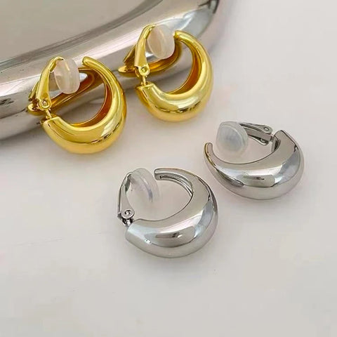 Gold Chunky Clip-On Hoop Earrings for Women, Smooth Metal, Non-Pierced, Fashion Trends 2024 Jewelry
