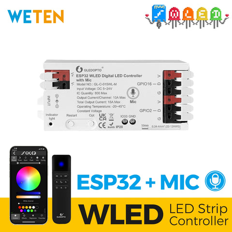ESP32 WLED Controller with Sound Reactive Music Sync, 5V-24V, Alexa Compatible, Optional Remote Control