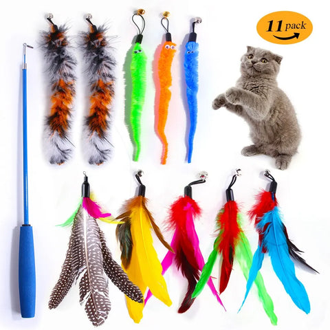 11-Piece Interactive Cat Toy Set with Feather Wand & Accessories