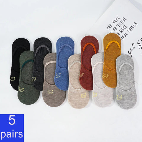 5 Pairs Women's Summer No-Show Non-Slip Sock Set – Thin, Silicone Grip, Cute Embroidery Design
