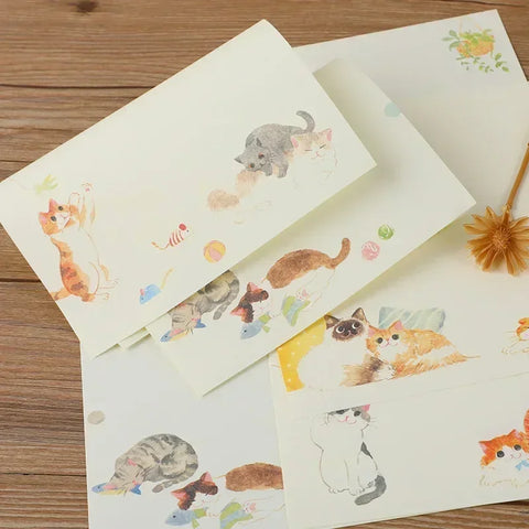 9pcs Kawaii Cat Envelopes & Letter Pads Set - Cute Stationery for Wedding Invitations & Party Cards