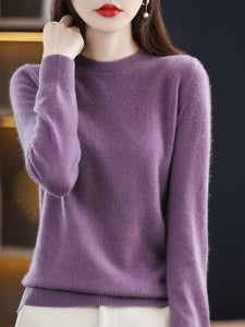 100% Merino Wool Women's O-neck Sweater Long Sleeve Pullover Jumper for Spring, Autumn, Winter Knitwear Top