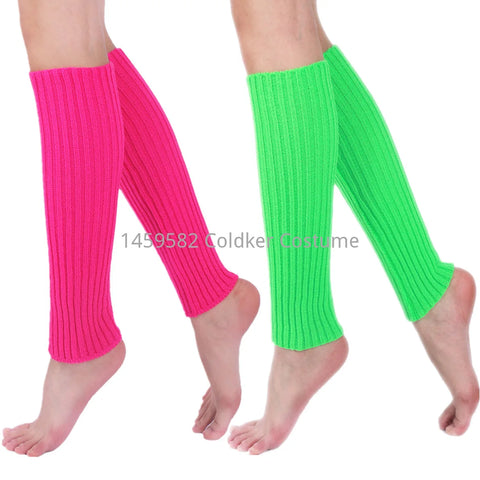 Halloween 80s Neon Knit Leg Warmers Ribbed Footless Socks Black Knee High Gothic Punk Hip-hop Style