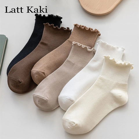 3 Pairs Japanese Style Cute Short Socks - Breathable, Kawaii, Ruffle Frill, Casual Solid