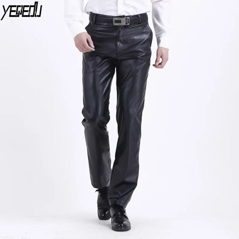 2023 Men's Waterproof Stretch PU Leather Pants - Loose Straight Fit, Thin, Black, Plus Sizes Available
