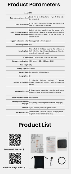 AI Voice & Call Recorder with Speech-to-Text, 64GB, 100+ Languages, Summarization