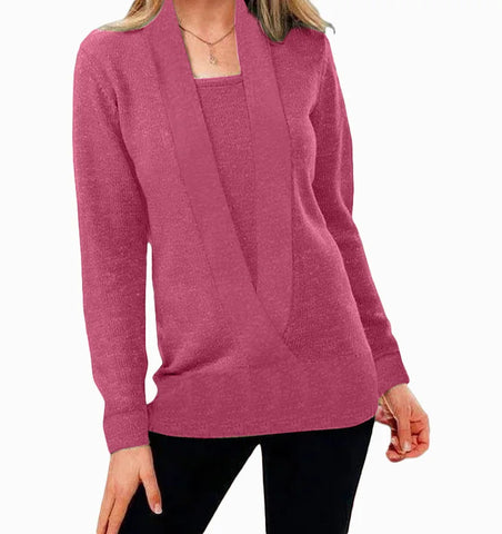2024 Women's V-Neck Knitted Layered Look Sweater Jacket Long Sleeve