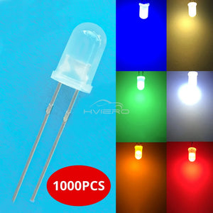1000pcs 5mm Diffused LED Diodes, White/Red/Green/Blue/Yellow/Warm Light, 2-Pin 6000-6500K