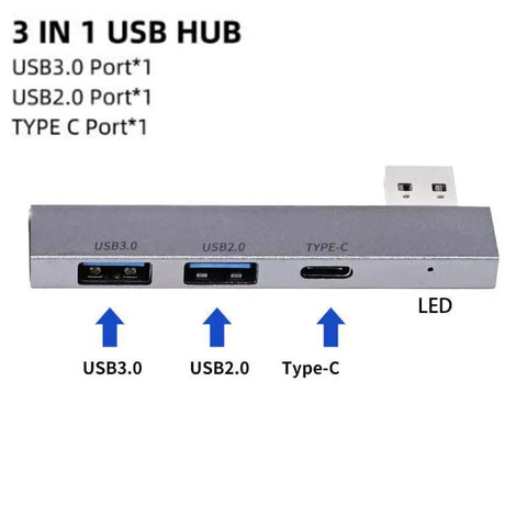 3-Port USB 3.0 Hub Adapter, Portable Mini Dock, High-Speed 5Gbps/480Mbps, USB-C Splitter, 3-in-1 Converter