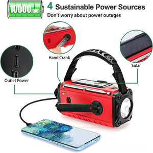 10000mAh Solar Hand Crank Emergency Radio - NOAA AM/FM/SW with Flashlight & Weather Alerts