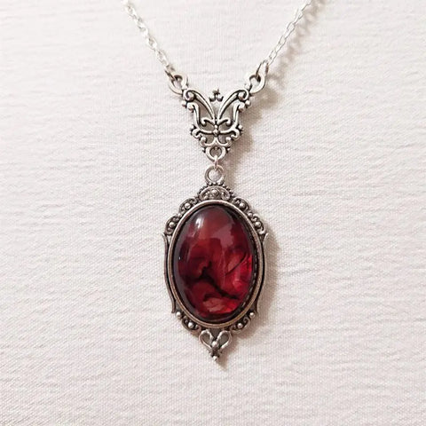 Gothic Red Quartz Charm Necklace Oval Pendant Halloween Vampire Witch Jewelry Vintage Choker