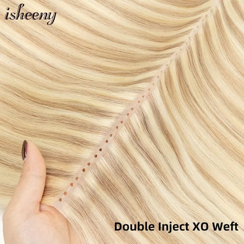 Double Inject Hole Weft Human Hair Extensions 12"-24" Invisible Twin Tab Weft, Natural Straight Pull Through Micro Extensions