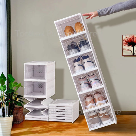 Foldable Stackable Shoe Storage Box, 3/6 Layers Transparent Dustproof Sneaker Organizer Cabinet Shelf