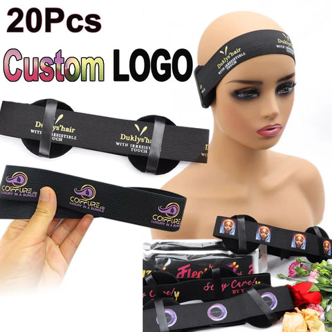 20-Pack Elastic Wig Bands with Logo for Laying Edges, Securing Wigs, Adjustable Lace Melting Band for Easy Wig Installations