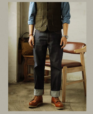Men's Relaxed Straight Fit Jeans Raw Selvedge Denim Amekaji Style Pants 55501 Red Tornado