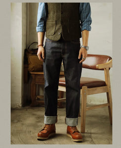 Men's Relaxed Straight Fit Jeans Raw Selvedge Denim Amekaji Style Pants 55501 Red Tornado