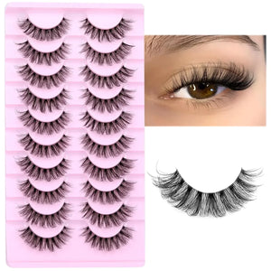 10 Pairs Wispy D Curl Faux Mink Lashes, Clear Band, Natural Fluffy Style