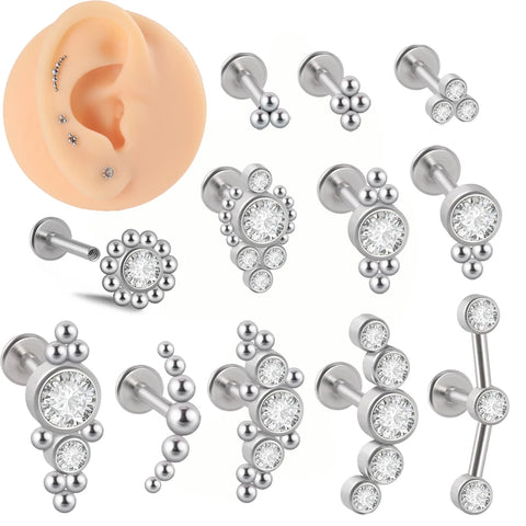 16g Surgical Steel Crystal Cluster Labret Stud Helix Tragus Cartilage Piercing Jewelry
