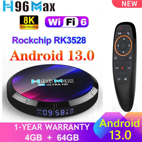 H96 Max Android 13 TV Box RK3528 Quad Core 4GB 64GB/32GB 4K/8K WiFi6 BT5.0 AV1 3D Media Player Set Top Box