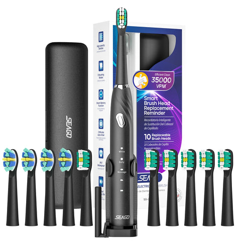 Electric Toothbrush with 10 Brush Heads, Travel Box & Holder - Sonic, Smart Timer, 3 Modes, Portable