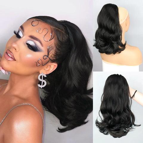 18" Kinky Straight Drawstring Ponytail Hair Extension Black Synthetic Pony Tail Hairpiece