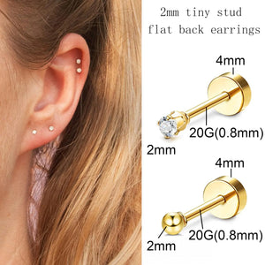 10 Pair 2mm CZ Flat Back Screw Stud Earrings Surgical Steel Cartilage Earrings for Women Men