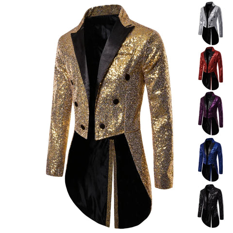 Gold Sequin Double Breasted Tailcoat Tuxedo Blazer for Men - Wedding, Prom, Party Outfit