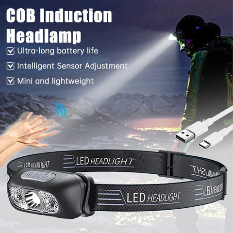 Bright LED Sensor Headlamp, USB Rechargeable, Portable, Outdoor Camping, Fishing, Emergency Lantern