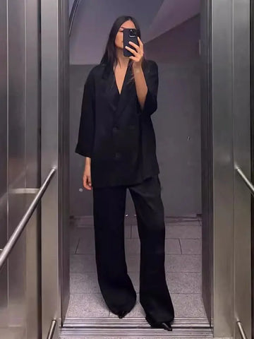 2024 Women's Casual Blazer & Wide Leg Pant Suit Set - Double Breasted Long Sleeve Office Outfit