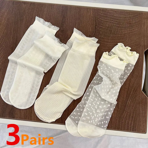 3 Pairs Baby Knee High Socks for Girls - Soft Lace Ruffle, Ages 2-12, Cute Long Kids Socks