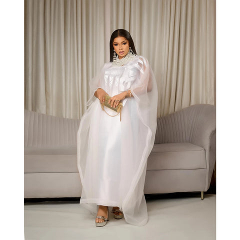 Elegant White Abaya Dress with Embroidery, Plus Size African Attire for Party or Church