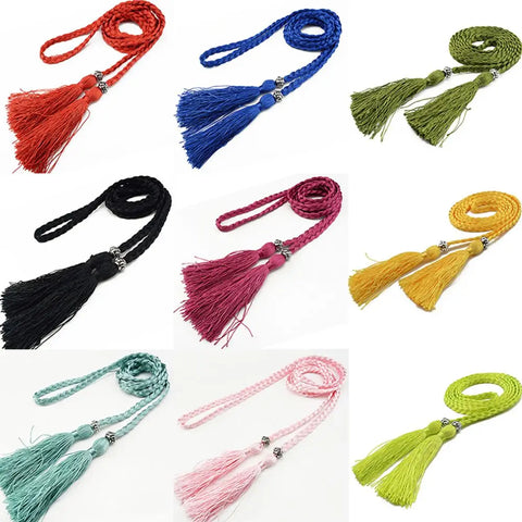 160cm Thin Braided Rope Waist Belt with Tassels - Dress, Waist, Chain Accessory