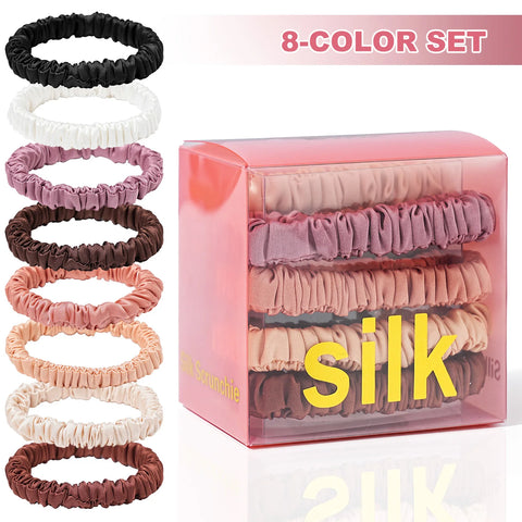 8pcs Pure Mulberry Silk Hair Scrunchies Set - Skinny Silk Ponytail Holders Hair Ties in Gift Box