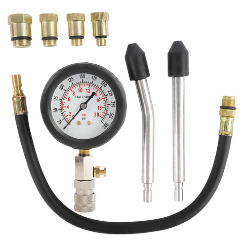 8-Piece Gas Engine Compression Tester Kit 0-300 PSI Cylinder Pressure Gauge with M10 M12 M14 M18 Adapters